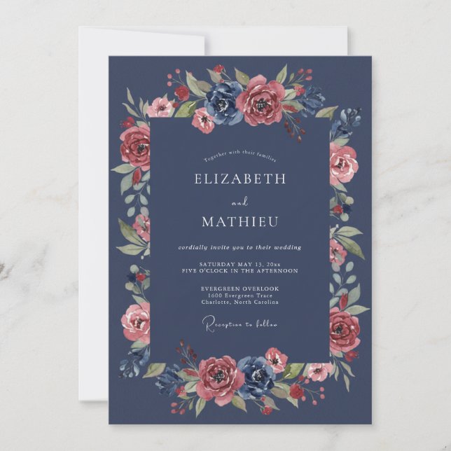 Convites Casamento Romântico Floral Navy Lush (Frente)