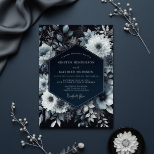 Convites Casamento Romântico Floral Navy Mal-humorado