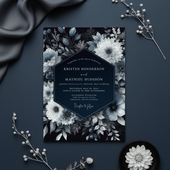 Convites Casamento Romântico Floral Navy Mal-humorado (Criador carregado)