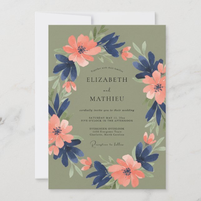 Convites Casamento Romântico Floral Oliva Naval (Frente)