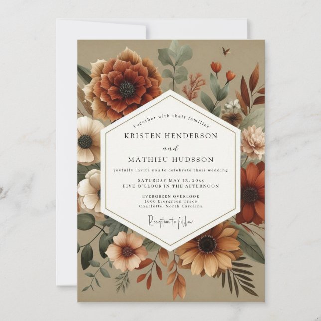 Convites Casamento Romântico Floral Outonal Âmbar (Frente)