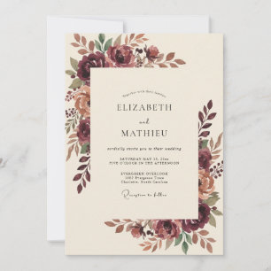 Convites Casamento Romântico Floral Outonal Borgonha