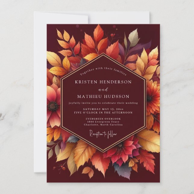 Convites Casamento Romântico Floral Outonal Borgonha (Frente)