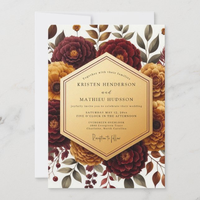 Convites Casamento Romântico Floral Outonal em Borgonha (Frente)