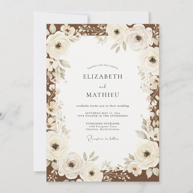 Convites Casamento Romântico Floral Painterly Creme (Frente)