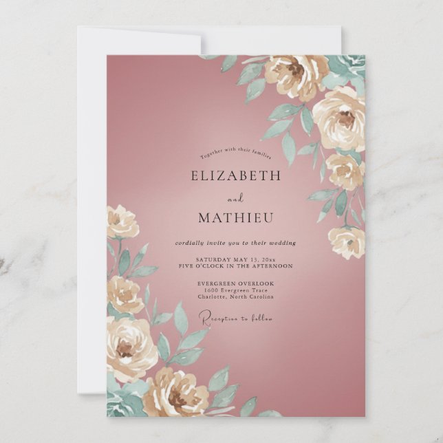 Convites Casamento Romântico Floral Painterly Rosa (Frente)