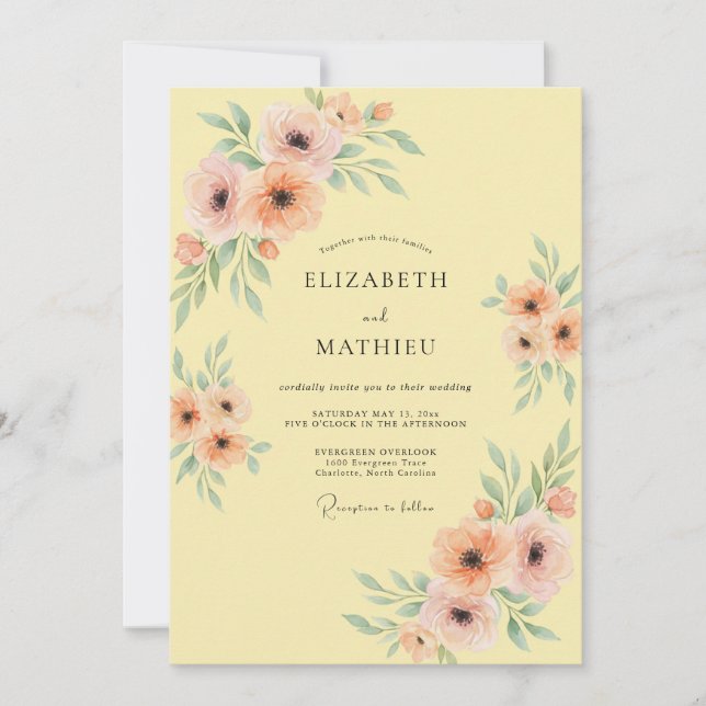 Convites Casamento Romântico Floral Pastel de Pêssego (Frente)