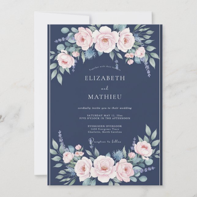 Convites Casamento Romântico Floral Pastel Naval (Frente)