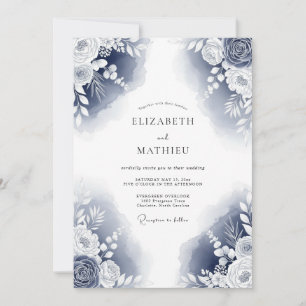 Convites Casamento Romântico Floral Pintado à Mão Marinho