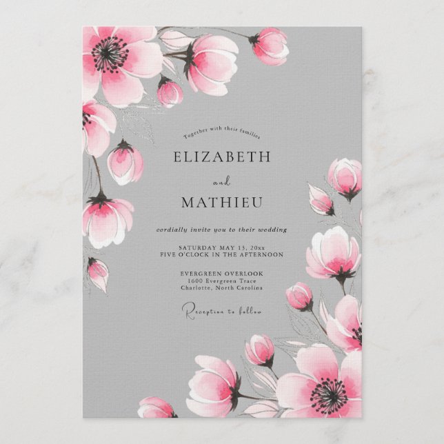 Convites Casamento Romântico Floral Pintado de Rosa (Frente)