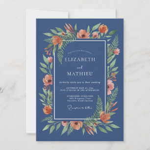 Convites Casamento Romântico Floral Pintado em Azul Naval