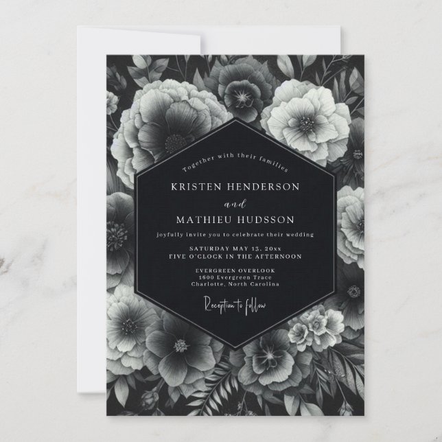 Convites Casamento Romântico Floral Preto e Sombrio (Frente)