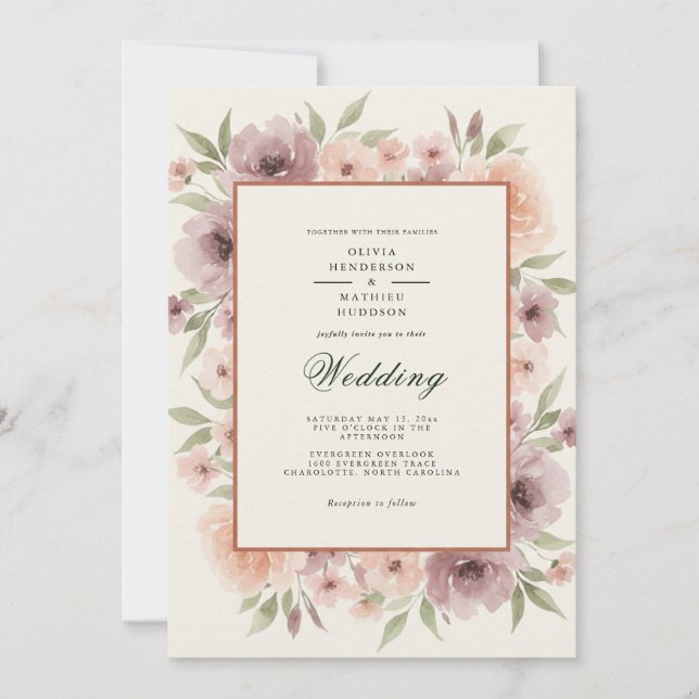 Convites Casamento Romântico Floral Rosa (Frente)