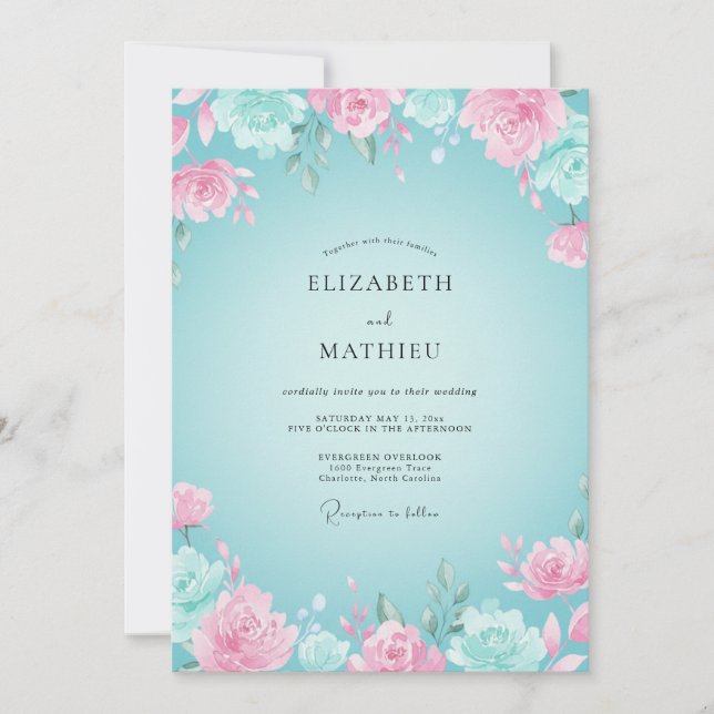 Convites Casamento Romântico Floral Rosa Água (Frente)