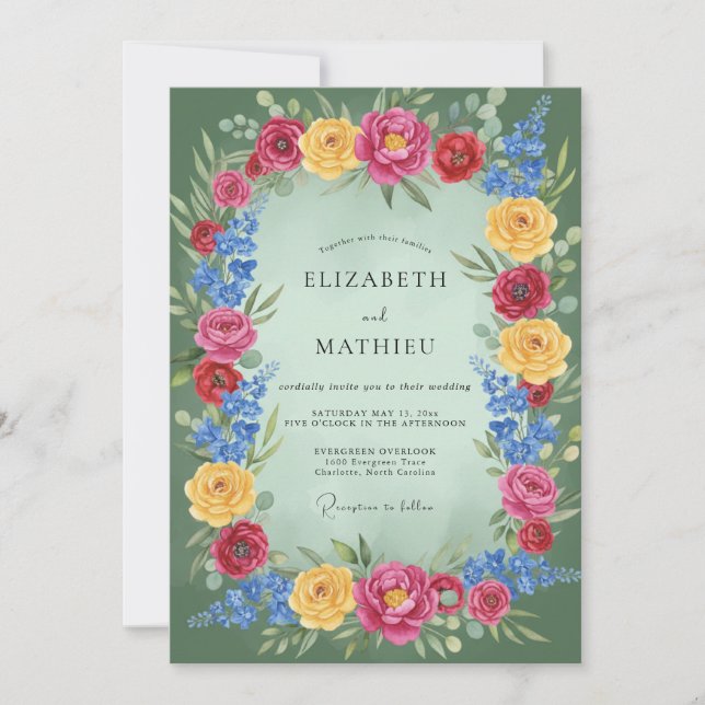 Convites Casamento Romântico Floral Rosa Amarelo (Frente)