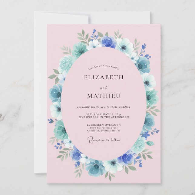 Convites Casamento Romântico Floral Rosa Azul (Frente)