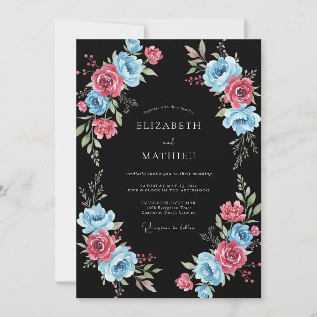 Convites Casamento Romântico Floral Rosa Azul (Frente)