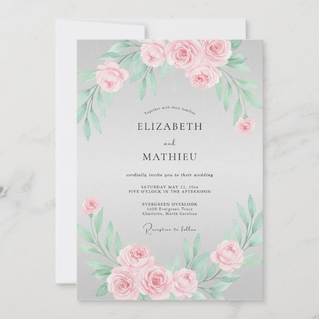 Convites Casamento Romântico Floral Rosa Bege (Frente)