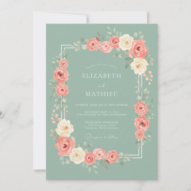 Convites Casamento Romântico Floral Rosa Coral (Frente)
