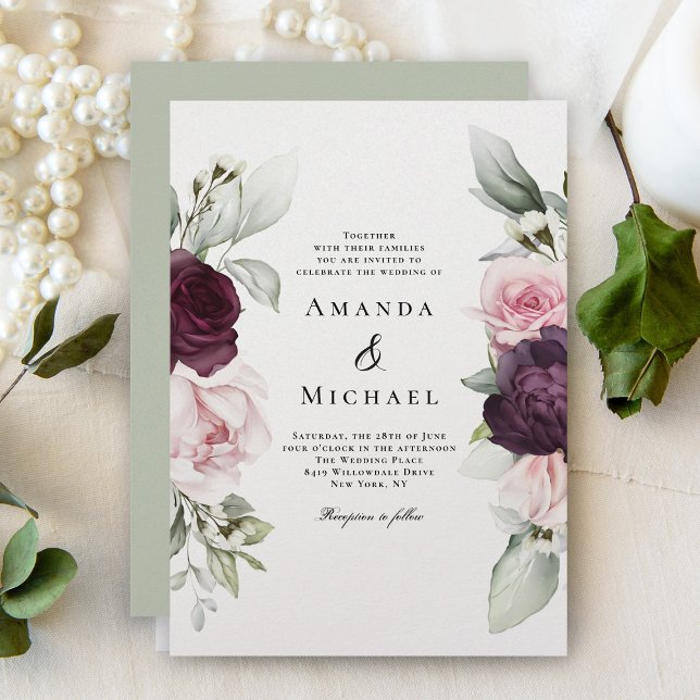 Convites Casamento Romântico Floral Rosa e Borgonha (Criador carregado)
