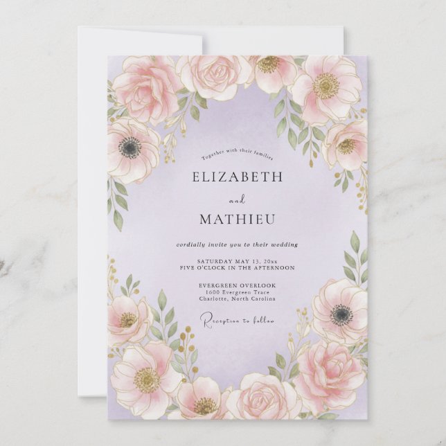 Convites Casamento Romântico Floral Rosa Pálido (Frente)