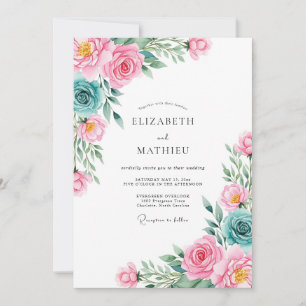 Convites Casamento Romântico Floral Rosa Turquesa