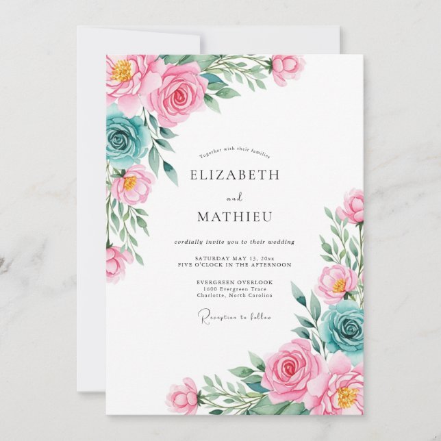 Convites Casamento Romântico Floral Rosa Turquesa (Frente)
