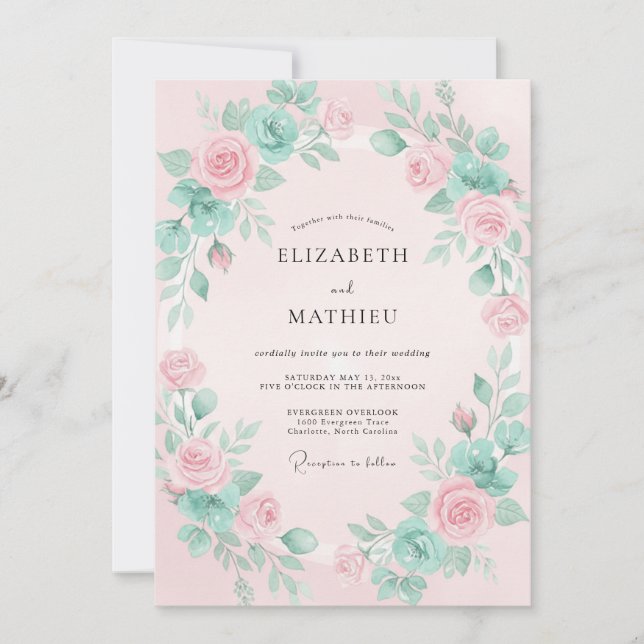 Convites Casamento Romântico Floral Rosa Turquesa (Frente)