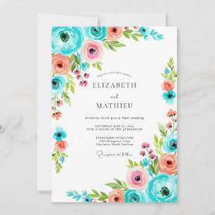 Convites Casamento Romântico Floral Rosa Turquesa