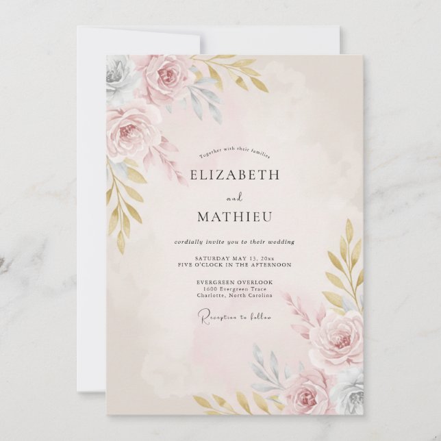 Convites Casamento Romântico Floral Rosado (Frente)