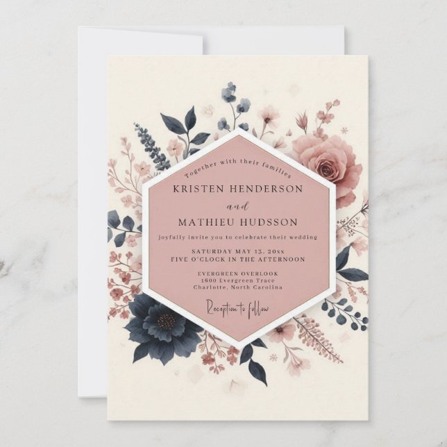 Convites Casamento Romântico Floral Rosado (Frente)