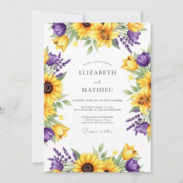 Convites Casamento Romântico Floral Roxo Amarelo (Frente)
