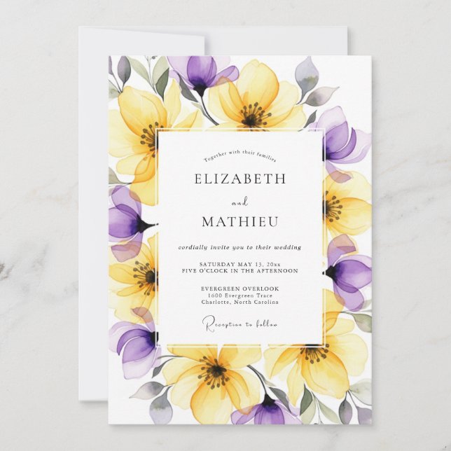 Convites Casamento Romântico Floral Roxo Amarelo (Frente)
