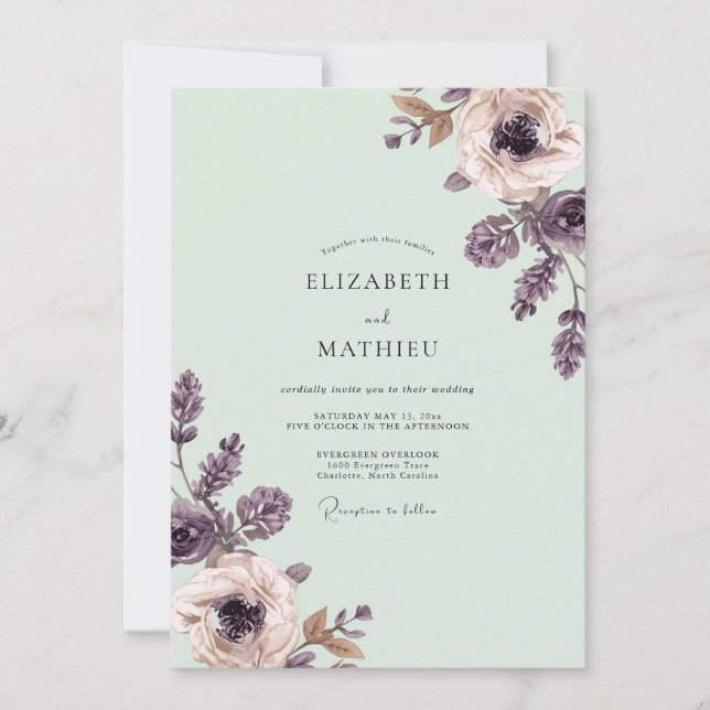 Convites Casamento Romântico Floral Roxo Empoeirado (Frente)