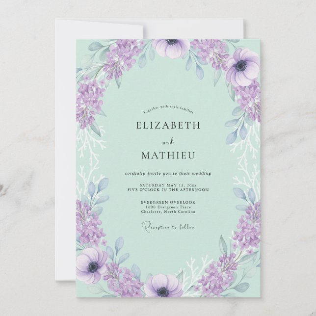 Convites Casamento Romântico Floral Roxo Menta (Frente)