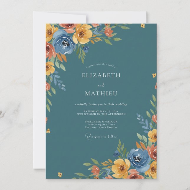 Convites Casamento Romântico Floral Rústico Turquesa (Frente)
