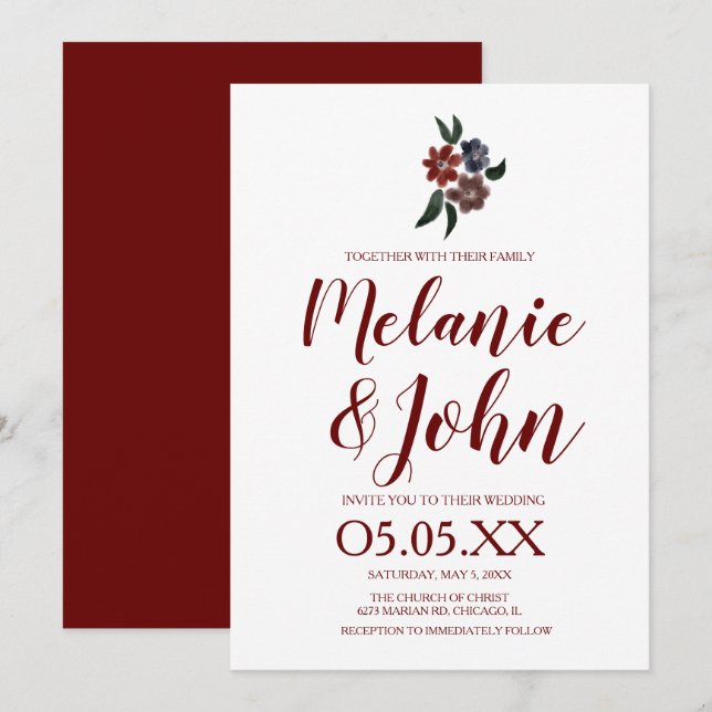 Convites Casamento Romântico Floral Simples Burgundy (Frente/Verso)