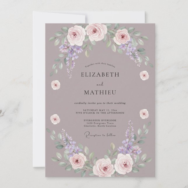 Convites Casamento Romântico Floral Suave Malva (Frente)