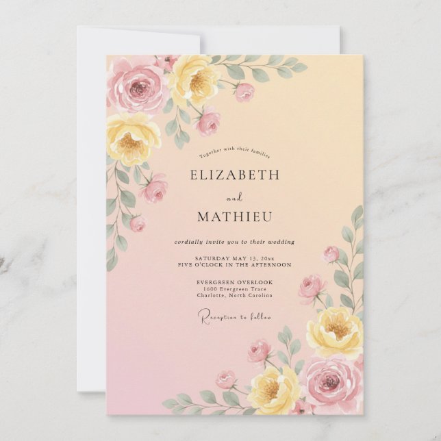Convites Casamento Romântico Floral Suave Pêssego (Frente)