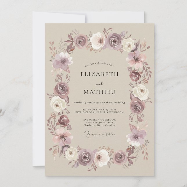 Convites Casamento Romântico Floral Sutil Bege (Frente)