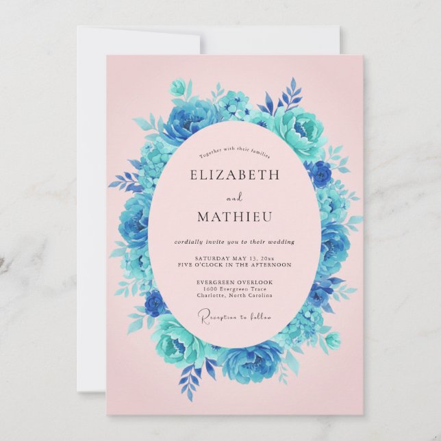 Convites Casamento Romântico Floral Turquesa (Frente)