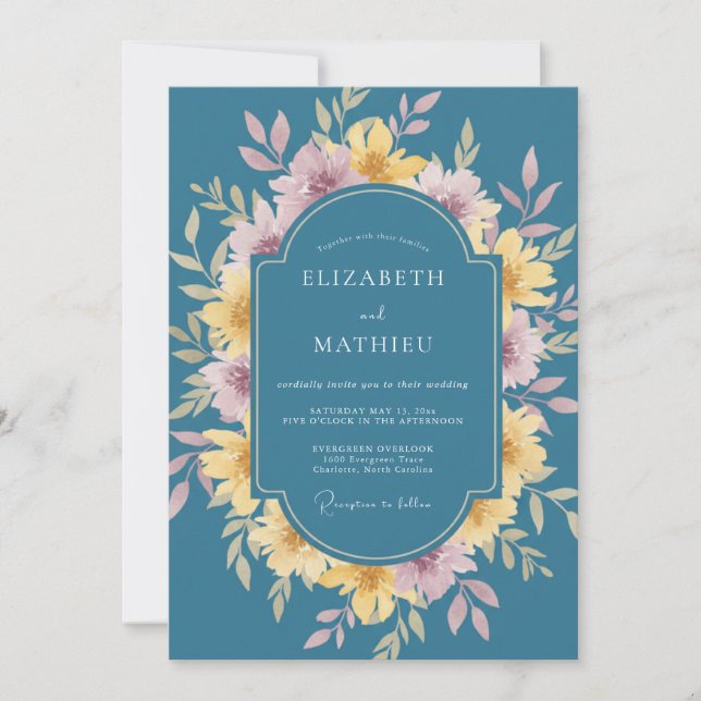 Convites Casamento Romântico Floral Turquesa (Frente)