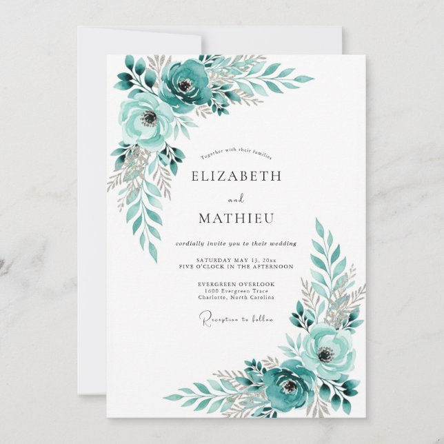 Convites Casamento Romântico Floral Turquesa (Frente)