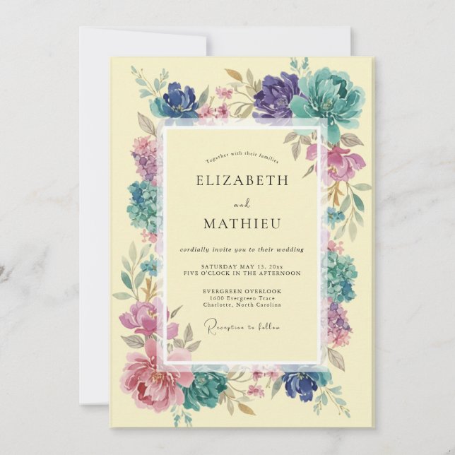 Convites Casamento Romântico Floral Turquesa de Primavera (Frente)