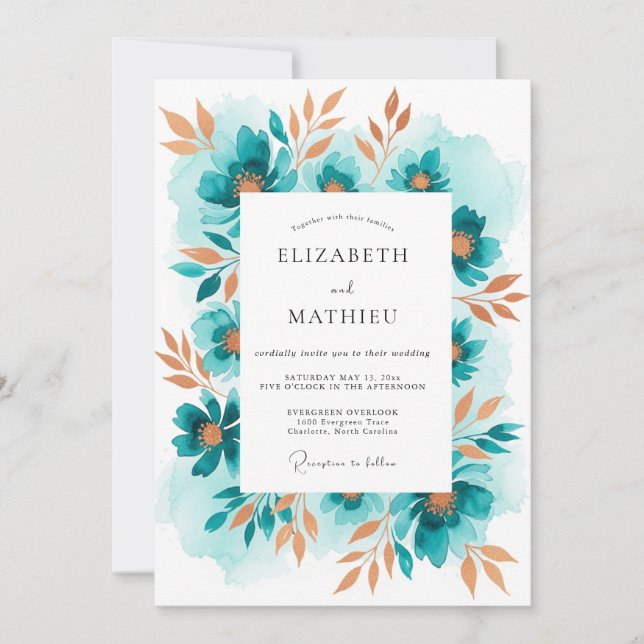 Convites Casamento Romântico Floral Turquesa Pintado (Frente)