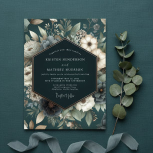 Convites Casamento Romântico Floral Turquesa Sombrio