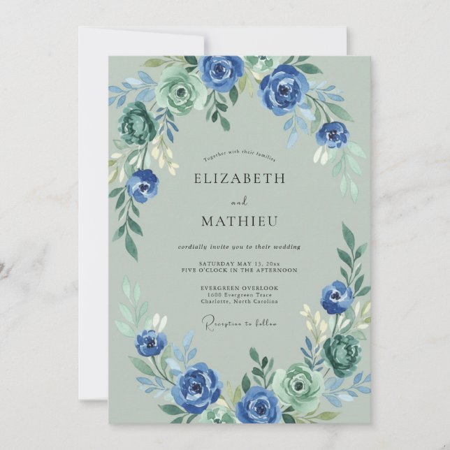 Convites Casamento Romântico Floral Verde Azul (Frente)