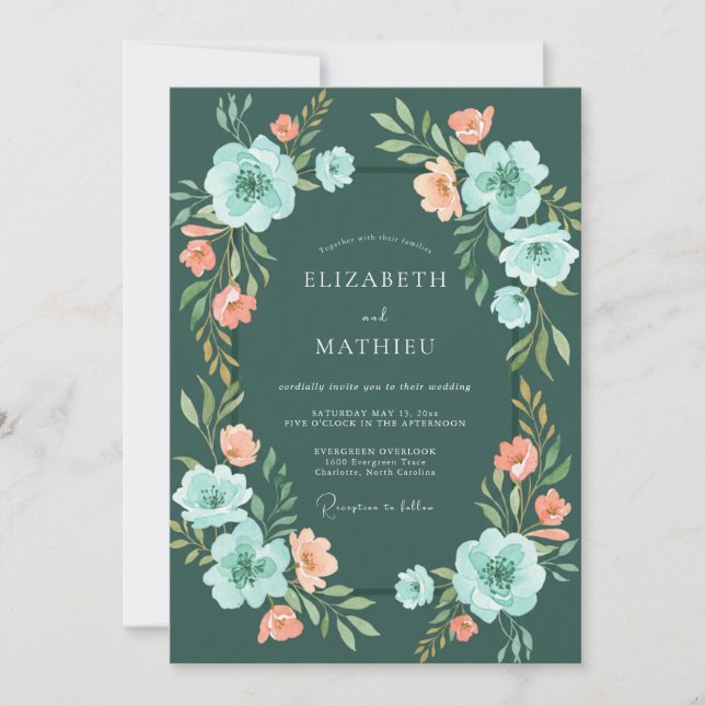 Convites Casamento Romântico Floral Verde-azulado (Frente)
