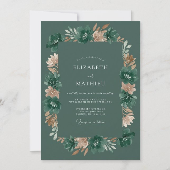 Convites Casamento Romântico Floral Verde Escuro (Frente)