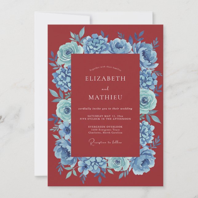 Convites Casamento Romântico Floral Vermelho Azul (Frente)